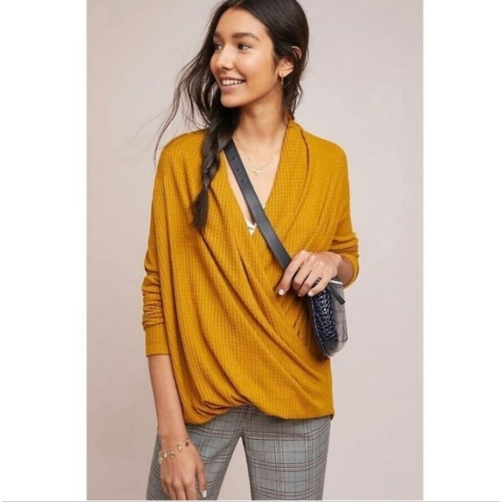 Anthropologie Akemi + Kin Mustard Waffle Knit Faux Wrap Sweater - Size Small